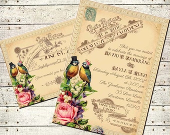 Tallulah - Vintage Victorian Love Birds and Roses - Printable DIY Wedding Invitation Suite - Customized Wedding Invitation