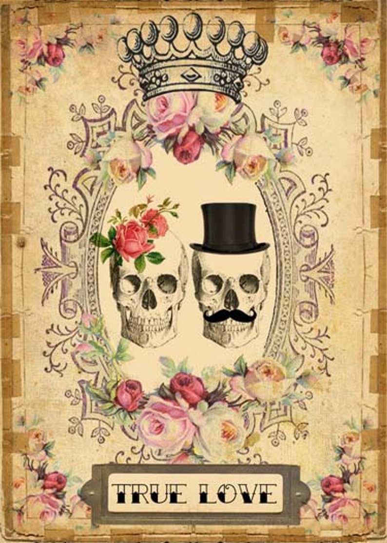 Vintage Skull Valentines Day Card Printable DIGITAL DOWNLOAD Gothic Victorian Day of the Dead Wedding & Anniversary Art Print image 1