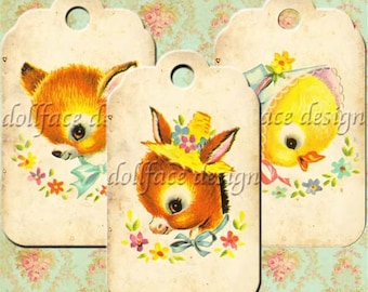 INSTANT DOWNLOAD - Kawaii Vintage Baby Animals Gift Tags - Printable Digital Journal Tags - Scrapbooking - Gift Tags