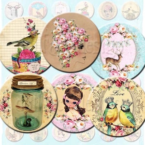 INSTANT DOWNLOAD - Whimsical Girly Things - Fairytale Collage Sheet - 1 Inch Circles - Pose Dolls  Birds  Deer  Fairies  Queens - Jewelry