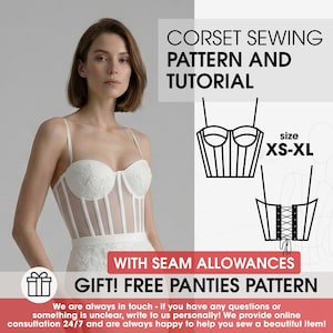 May include: A white corset sewing pattern and tutorial with size XS-XL. The image displays a white corset with lace cups and vertical boning, alongside line drawings of the front and back corset design, including a gift free panties pattern.