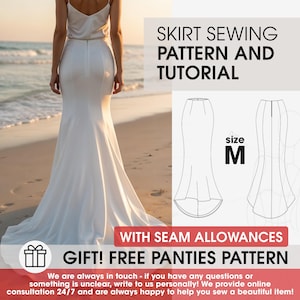 Könnte beinhalten: Ein weißer Meerjungfrau-Rock mit langer Schleppe und ein cremefarbenes Oberteil werden an einem Strand gezeigt. Das Bild enthält ein Schnittmuster und den Text "SKIRT SEWING PATTERN AND TUTORIAL". Das Muster enthält die Größe M und den Text "GIFT! FREE PANTIES PATTERN".