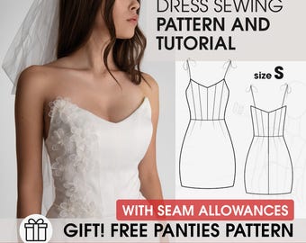 S corset aesthetic dress printable pattern, homecoming dress digital pattern, women 90s chic short dress PDF pattern, evening dress tutorial