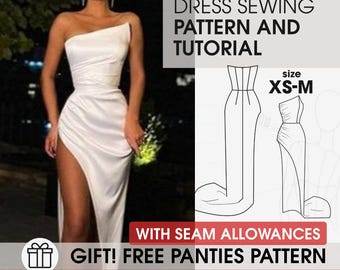 Patrón de costura para vestido asimétrico de parte inferior y superior XS-M, patrón digital para vestido de novia con cola, patrón PDF único para vestido de fiesta sin mangas con estrellas