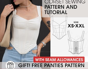 May include: A white corset top with a sweetheart neckline and wide straps. The image includes a sewing pattern and the text "CORSET SEWING PATTERN AND TUTORIAL" and "GIFT! FREE PANTIES PATTERN". The size range is XS-XXL.