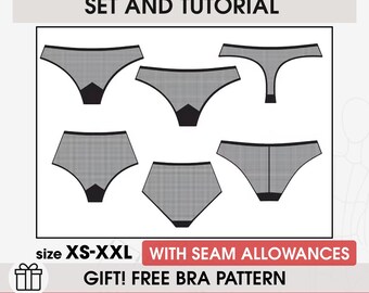 XS-XL three panties set patterns, brazilian lace panties sewing pattern, thong pdf printable pattern, womens underwear slip panties pattern