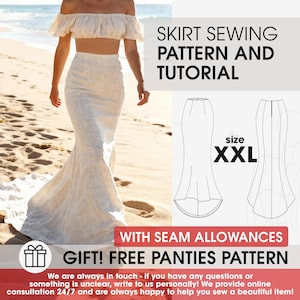 Könnte beinhalten: Eine Frau trägt ein cremefarbenes schulterfreies Crop-Top und einen passenden Meerjungfrau-Rock an einem Strand. Das Bild enthält ein Rock-Schnittmuster und ein Tutorial, Größe XXL, mit Nahtzugaben. Der Text erwähnt auch ein kostenloses Höschenmuster.