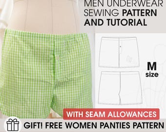 Patrón digital de ropa interior masculina en PDF, patrón de calzoncillos bóxer, patrón de costura fácil para principiantes en talla M, regalo de Navidad DIY para él, costura de pantalones cortos en PDF