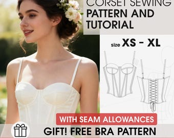 Boned Corset XS-XL Sewing Pattern PDF, Printable Bodice with Cups Tutorial