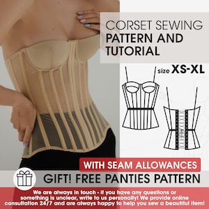 May include: A beige corset sewing pattern and tutorial for sizes XS-XL. The image displays a beige strapless corset with vertical boning channels, a technical line drawing of the front and back, and text stating with seam allowances.