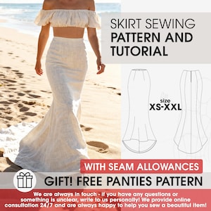 Op de afbeelding: Een off-white rok en crop top ensemble. De afbeelding bevat een naaipatroon en de tekst "SKIRT SEWING PATTERN AND TUTORIAL". Het patroon is verkrijgbaar in de maten XS-XXL. De afbeelding bevat ook de tekst "GIFT! FREE PANTIES PATTERN".