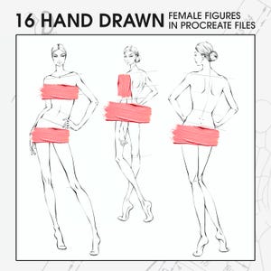 16 hand drawn female figure templates, Procreate fashion template, pdf fashion designer digital figures, female mannequin dynamic pose