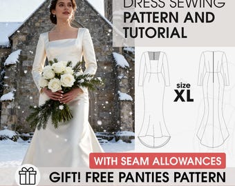 XL size longsleeves formal dress pattern, long fitted gown tailoring tutorial