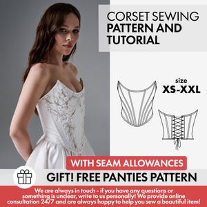 Könnte beinhalten: Ein Korsett-Schnittmuster und Tutorial in den Größen XS-XXL. Das Design zeigt eine Vorder- und Rückansicht mit Schnürung. Text: CORSET SEWING PATTERN AND TUTORIAL, WITH SEAM ALLOWANCES, GIFT! FREE PANTIES PATTERN.