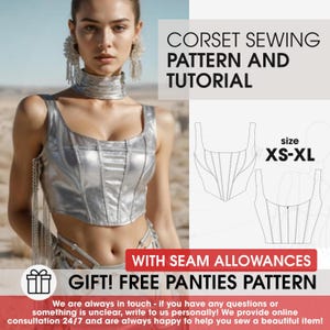 Könnte beinhalten: Ein silbernes Korsett-Top mit vertikalen Bahnen wird gezeigt, kombiniert mit einem passenden Choker und Accessoires. Das Bild enthält ein Schnittmuster und den Text "CORSET SEWING PATTERN AND TUTORIAL" und "GIFT! FREE PANTIES PATTERN". Größen XS-XL verfügbar.