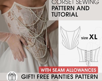 May include: A corset sewing pattern and tutorial in size XL, featuring a white floral lace corset adorned with draped pearl strands. The image includes technical line drawings of the corset front and back, with text stating WITH SEAM ALLOWANCES and GIFT! FREE PANTIES PATTERN.
