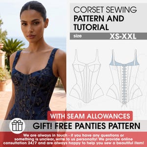 Può includere: Un cartamodello e tutorial per un corsetto nelle taglie XS-XXL, realizzato in tessuto jacquard blu scuro con motivo floreale. L'immagine include un disegno tecnico del corsetto visto davanti e dietro con allacciatura e un cartamodello per slip.