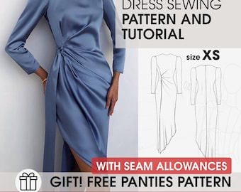 Dress Sewing Pattern with Tutorial, Draped Midi Dress XS, Long Sleeve Design, Digital PDF for DIY Sewing