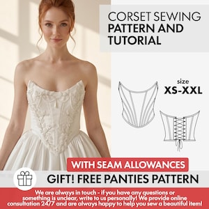 Könnte beinhalten: Ein Korsett-Schnittmuster mit Anleitung, das ein weißes trägerloses Korsett mit floralen Verzierungen zeigt. Enthält technische Zeichnungen der Vorder- und Rückseite, Größen XS-XXL, Nahtzugaben und ein kostenloses Schnittmuster für einen Slip.