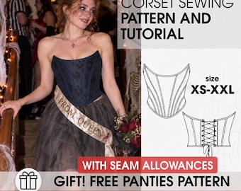 May include: A corset sewing pattern and tutorial with seam allowances, including a free panties pattern. The graphic displays the text CORSET SEWING PATTERN AND TUTORIAL, size XS-XXL, and line drawings of a corset front and back with lacing.