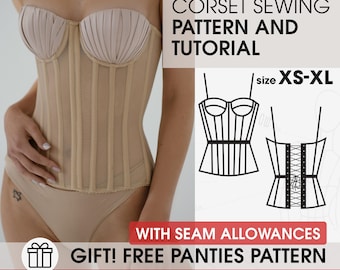 Boned Longline Corset Sewing Pattern with Cups, Overbust Bustier Tutorial (PDF)