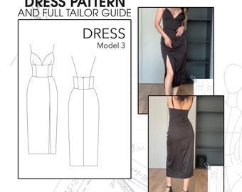 Satin dress printed sewing pattern, simple elegant wedding leg slit dress paper pattern, womens bridal spaghetti straps midi dress pattern