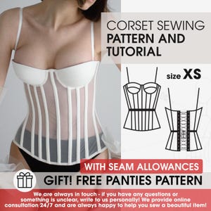 Corset with cups XS pattern seam allowances, sewing patterns pdf, trendy overbust corset pattern with full guide, bodice bustier pattern
