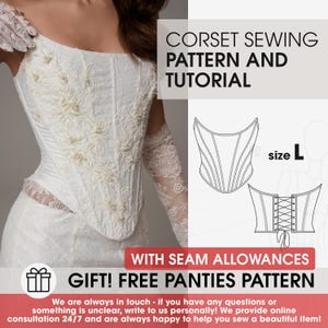 Könnte beinhalten: Ein weißes Korsett-Schnittmuster mit Anleitung, bestehend aus einem Spitzenoberteil mit Perlenverzierungen. Die Grafik enthält technische Strichzeichnungen des Korsetts, den Text CORSET SEWING PATTERN AND TUTORIAL, Größe L und ein Gratis-Schnittmuster.