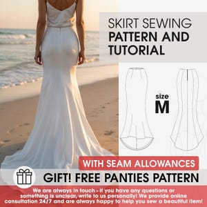 Könnte beinhalten: Eine weiße Meerjungfrau-Rock und ein Oberteil sind auf einer Person am Strand zu sehen. Das Bild enthält ein Rock-Schnittmuster und ein Tutorial mit dem Text "Größe M" und "GESCHENK! KOSTENLOSES HÖSCHEN-MUSTER".