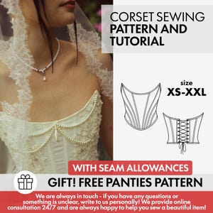 Può includere: Un cartamodello digitale per corsetto con il testo CORSET SEWING PATTERN AND TUTORIAL, taglia XS-XXL, WITH SEAM ALLOWANCES e GIFT! FREE PANTIES PATTERN. L'immagine mostra un corsetto bianco con decorazioni di perle e uno schema tecnico.