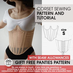 May include: A beige corset worn over a white top, with a black bottom. The image includes a sewing pattern and the text "CORSET SEWING PATTERN AND TUTORIAL". The text "GIFT! FREE PANTIES PATTERN" is also visible.