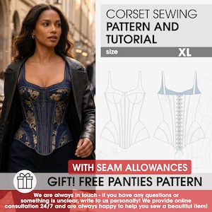 Puede incluir: Un patrón de costura de corsé y tutorial en talla XL. La imagen muestra un corsé de mezclilla con patrones florales dorados, un dibujo técnico del frente y la espalda con cordones, y el texto WITH SEAM ALLOWANCES GIFT! FREE PANTIES PATTERN.