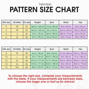 The image is a pattern size chart that provides the measurements for various sizes of USA and EU letter sizes, bust, waist, hip, and height. The chart allows users to compare their measurements with the table to choose the right size, and it also provides instructions on how to compare measurements with the table.
