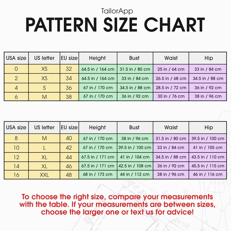 The image is a pattern size chart that provides the measurements for various sizes of USA and EU letter sizes, bust, waist, hip, and height. The chart allows users to compare their measurements with the table to choose the right size, and it also provides instructions on how to compare measurements with the table.