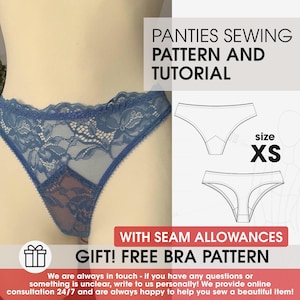 May include: A pair of blue lace panties with a floral pattern is shown. The image includes a sewing pattern diagram and the text "PANTIES SEWING PATTERN AND TUTORIAL". The size is XS. The text "GIFT! FREE BRA PATTERN" is also visible.