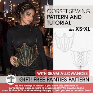 May include: A corset sewing pattern and tutorial in sizes XS-XL, featuring a black and green corset with gold trim. The image includes technical line drawings of the corset front and back, and text stating: CORSET SEWING PATTERN AND TUTORIAL.