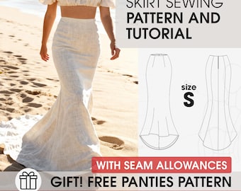 Mermaid Wedding Skirt Sewing Pattern PDF, Fitted Bridal Skirt Size S with Long Train