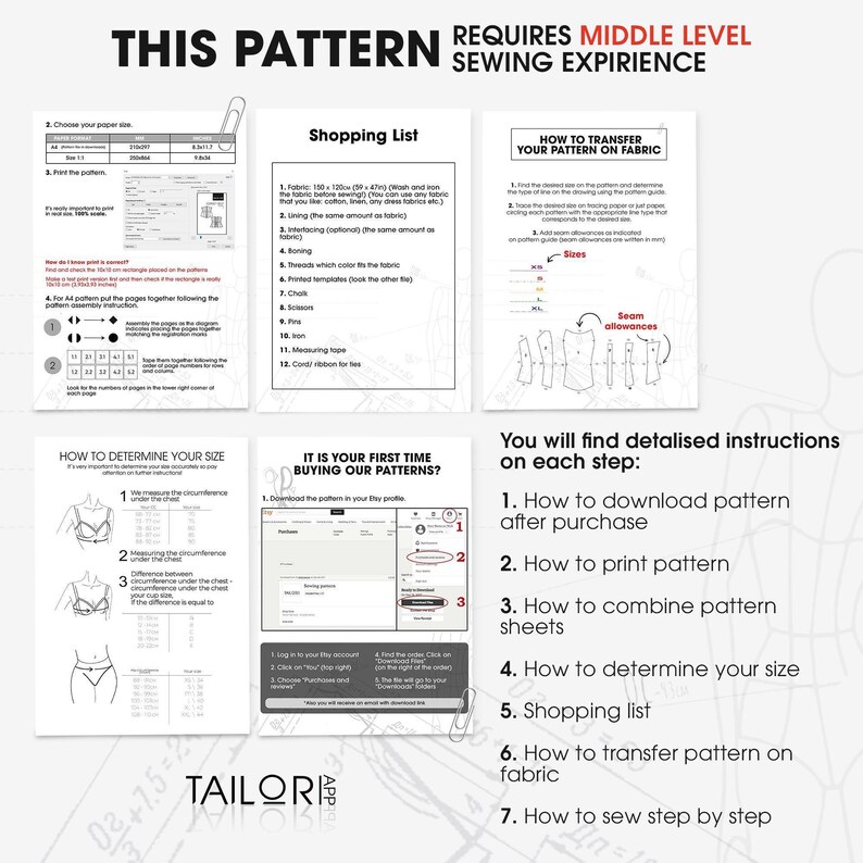 Easy-to-follow corset pattern with cups, includes comprehensive instructions, international size chart, and adjustments for waist and underbust fitting.