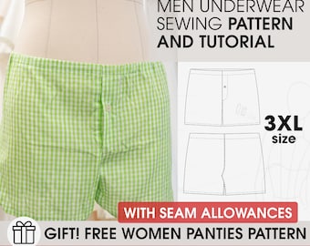 Mens underwear XXXL size sewing pattern, boxer briefs pdf pattern, plus size men shorts easy sewing pattern, DIY Sewing Fathers Day Gift