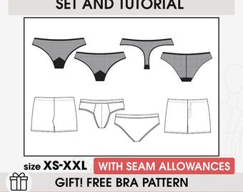 Männer und Frauen Unterwäsche Schnittmuster Set, Anfänger Shorts digitales Schnittmuster, Schwellen PDF Schnittmuster, brasilianische Tanga Höschen Anleitung