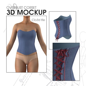 May include: A blue denim corset with red lacing. The corset is shown on a 3D model and in a close-up view of the back. The text "Clo3d file" is visible in the image.
