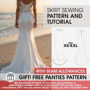 Puede incluir: Una mujer con falda y top de satén blanco en una playa. La imagen incluye un patrón de costura de falda y un tutorial, con el texto "SKIRT SEWING PATTERN AND TUTORIAL" y "GIFT! FREE PANTIES PATTERN". El patrón está disponible en tallas XS-XXL.