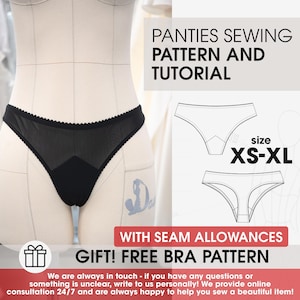 May include: Black lingerie on a mannequin. The image includes a sewing pattern and tutorial for panties, with sizes XS-XL. The text also mentions a free bra pattern gift.