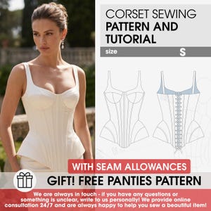 Può includere: Un cartamodello e tutorial per un corsetto bianco con baschina, con disegni tecnici del fronte e del retro, taglia S, e un modello gratuito per slip. Il testo recita CORSET SEWING PATTERN AND TUTORIAL, size S, WITH SEAM ALLOWANCES, GIFT! FREE PANTIES PATTERN.
