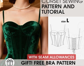 Patrón de corsé talla L con copas, patrones de costura digitales en PDF, patrón de corsé de novia guiado, patrón de bustier de corpiño imprimible, tutorial de bricolaje