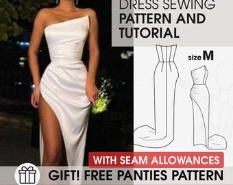 May include: A white, one-shoulder dress with a high slit. The image includes a dress sewing pattern and tutorial, with the text "size M" and "GIFT! FREE PANTIES PATTERN". The dress is shown on a model.