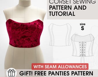 S size strapless lacing short corset sewing pattern, overbust wedding corsage top tailoring tutorial