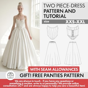 Pode incluir: Um molde e tutorial de vestido de duas peças nos tamanhos XXS-XXL, com um corpete sem alças e uma saia ampla. A imagem mostra um vestido branco, desenhos técnicos de linha do espartilho e da saia, e o texto WITH SEAM ALLOWANCES GIFT! FREE PANTIES PATTERN.