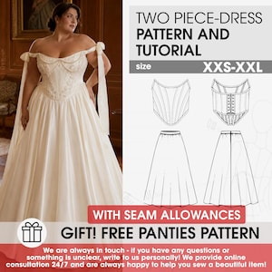 May include: A two-piece dress sewing pattern and tutorial in sizes XXS-XXL, featuring a white off-the-shoulder bodice with pearl embellishments and a full skirt. Includes technical line drawings of the corset and skirt, plus a free panties pattern.