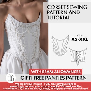 Puede incluir: Un corsé blanco con bordados detallados en forma de hoja y detalles de perlas. La imagen incluye el texto: CORSET SEWING PATTERN AND TUTORIAL, size XS-XXL, WITH SEAM ALLOWANCES, GIFT! FREE PANTIES PATTERN e información de contacto.